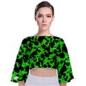 Black and Green Leopard Style Paint Splash Funny Pattern Tie Back Butterfly Sleeve Chiffon Top View1