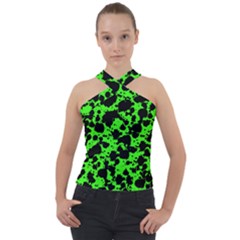 Black And Green Leopard Style Paint Splash Funny Pattern Cross Neck Velour Top