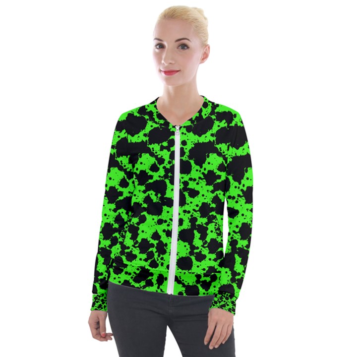 Black and Green Leopard Style Paint Splash Funny Pattern Velour Zip Up Jacket