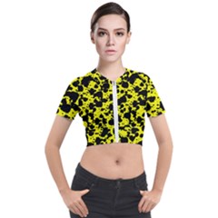 Black And Yellow Leopard Style Paint Splash Funny Pattern  Short Sleeve Cropped Jacket by yoursparklingshop