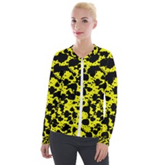 Black And Yellow Leopard Style Paint Splash Funny Pattern  Velour Zip Up Jacket