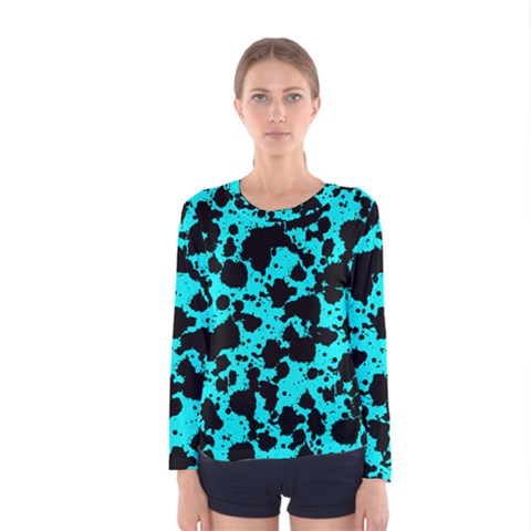 Bright Turquoise And Black Leopard Style Paint Splash Funny Pattern Women s Long Sleeve Tee by yoursparklingshop