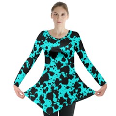 Bright Turquoise And Black Leopard Style Paint Splash Funny Pattern Long Sleeve Tunic  by yoursparklingshop