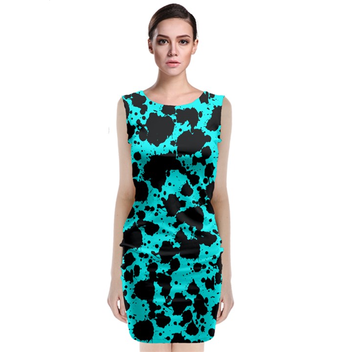 Bright Turquoise and Black Leopard Style Paint Splash Funny Pattern Classic Sleeveless Midi Dress