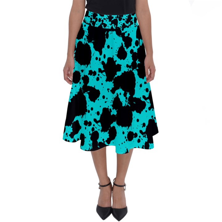 Bright Turquoise and Black Leopard Style Paint Splash Funny Pattern Perfect Length Midi Skirt