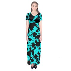 Bright Turquoise And Black Leopard Style Paint Splash Funny Pattern Short Sleeve Maxi Dress by yoursparklingshop