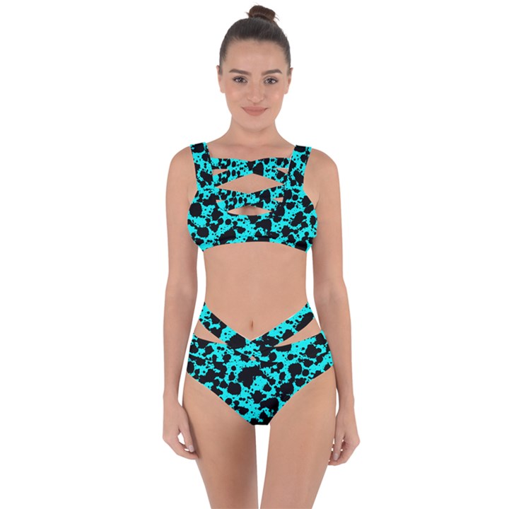 Bright Turquoise and Black Leopard Style Paint Splash Funny Pattern Bandaged Up Bikini Set 