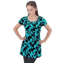 Bright Turquoise And Black Leopard Style Paint Splash Funny Pattern Puff Sleeve Tunic Top