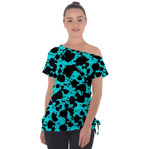 Bright Turquoise And Black Leopard Style Paint Splash Funny Pattern Tie-up Tee by yoursparklingshop