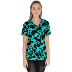 Bright Turquoise And Black Leopard Style Paint Splash Funny Pattern Women s V-neck Scrub Top by yoursparklingshop