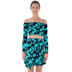 Bright Turquoise And Black Leopard Style Paint Splash Funny Pattern Off Shoulder Top With Skirt Set by yoursparklingshop