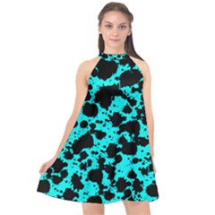 Bright Turquoise And Black Leopard Style Paint Splash Funny Pattern Halter Neckline Chiffon Dress  by yoursparklingshop