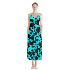 Bright Turquoise And Black Leopard Style Paint Splash Funny Pattern Button Up Chiffon Maxi Dress by yoursparklingshop