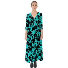 Bright Turquoise And Black Leopard Style Paint Splash Funny Pattern Button Up Boho Maxi Dress by yoursparklingshop