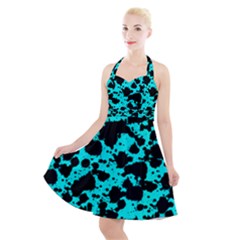 Bright Turquoise And Black Leopard Style Paint Splash Funny Pattern Halter Party Swing Dress  by yoursparklingshop