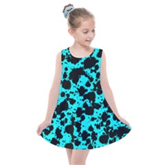 Bright Turquoise And Black Leopard Style Paint Splash Funny Pattern Kids  Summer Dress