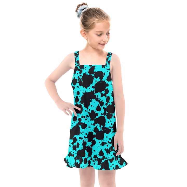 Bright Turquoise and Black Leopard Style Paint Splash Funny Pattern Kids  Overall Dress