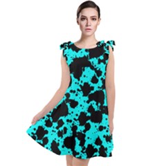 Bright Turquoise And Black Leopard Style Paint Splash Funny Pattern Tie Up Tunic Dress