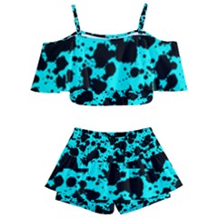 Bright Turquoise And Black Leopard Style Paint Splash Funny Pattern Kids  Off Shoulder Skirt Bikini by yoursparklingshop