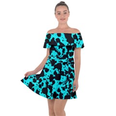 Bright Turquoise And Black Leopard Style Paint Splash Funny Pattern Off Shoulder Velour Dress