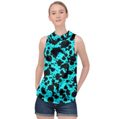 Bright Turquoise And Black Leopard Style Paint Splash Funny Pattern High Neck Satin Top