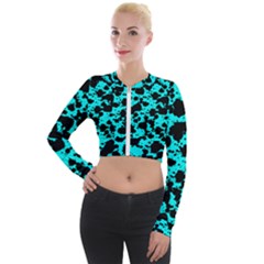 Bright Turquoise And Black Leopard Style Paint Splash Funny Pattern Long Sleeve Cropped Velvet Jacket by yoursparklingshop