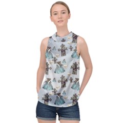 Funny Elephant, Pattern Design High Neck Satin Top