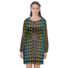 Glass Balls And Flower Sunshine Long Sleeve Chiffon Shift Dress 