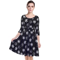 Weed Pattern Quarter Sleeve Waist Band Dress