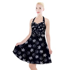 Weed Pattern Halter Party Swing Dress 