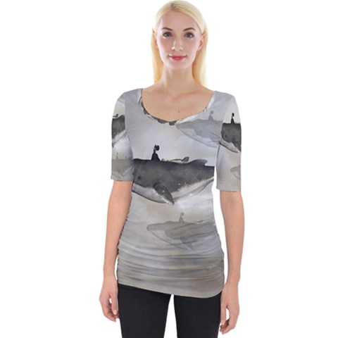 Awesome Fantasy Whale With Women In The Sky Wide Neckline Tee by FantasyWorld7