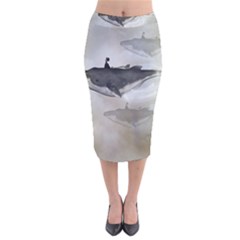 Awesome Fantasy Whale With Women In The Sky Velvet Midi Pencil Skirt by FantasyWorld7