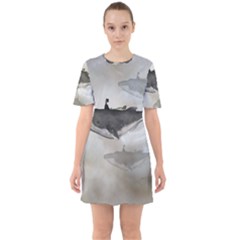 Awesome Fantasy Whale With Women In The Sky Sixties Short Sleeve Mini Dress