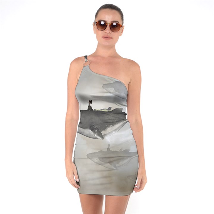 Awesome Fantasy Whale With Women In The Sky One Soulder Bodycon Dress