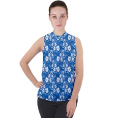 Background Blue Colors Mock Neck Chiffon Sleeveless Top