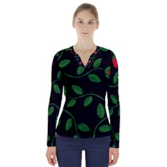 Roses Flowers Spring Flower Nature V-neck Long Sleeve Top by Pakrebo