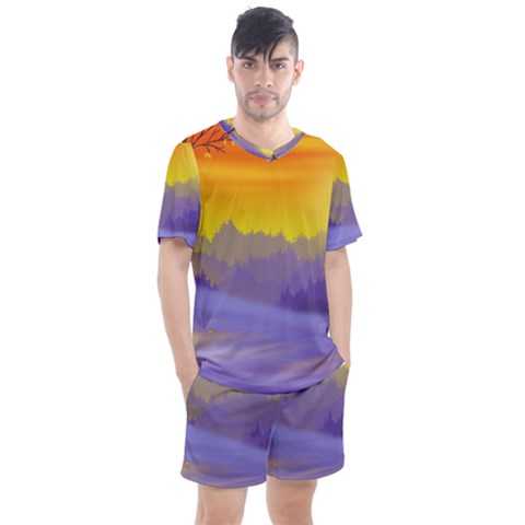 Vector Illustration Winter Sunset Men s Mesh Tee And Shorts Set by Pakrebo