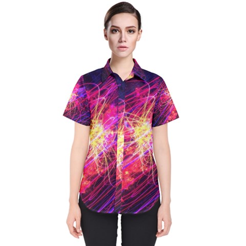 Abstract Cosmos Space Particle Women s Short Sleeve Shirt by Pakrebo