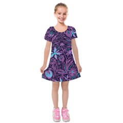 Stamping Pattern Leaves Drawing Kids  Short Sleeve Velvet Dress