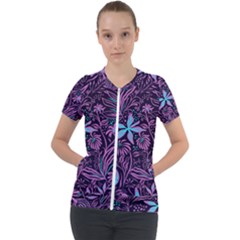 Stamping Pattern Leaves Drawing Short Sleeve Zip Up Jacket