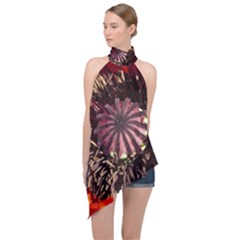 Ornamental Poppies Half Rosette Plant Halter Asymmetric Satin Top by Pakrebo