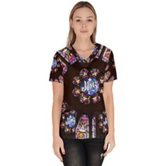 Rosette Stained Glass Window Church Women s V-neck Scrub Top by Pakrebo