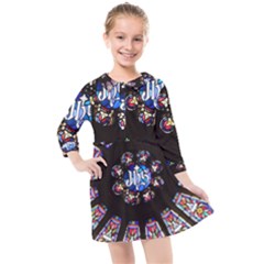 Rosette Stained Glass Window Church Kids  Quarter Sleeve Shirt Dress by Pakrebo