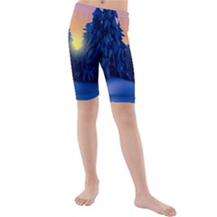 Illustration Vector Winter Sunset Kids  Mid Length Swim Shorts by Pakrebo