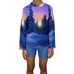 Illustration Vector Winter Sunset Kids  Long Sleeve Swimwear by Pakrebo