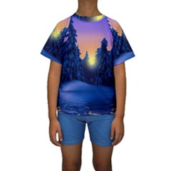 Illustration Vector Winter Sunset Kids  Short Sleeve Swimwear by Pakrebo