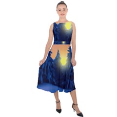 Illustration Vector Winter Sunset Midi Tie-back Chiffon Dress by Pakrebo