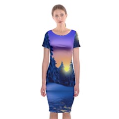 Illustration Vector Winter Sunset Classic Short Sleeve Midi Dress by Pakrebo