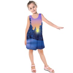 Illustration Vector Winter Sunset Kids  Sleeveless Dress by Pakrebo