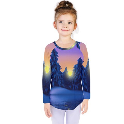 Illustration Vector Winter Sunset Kids  Long Sleeve Tee by Pakrebo